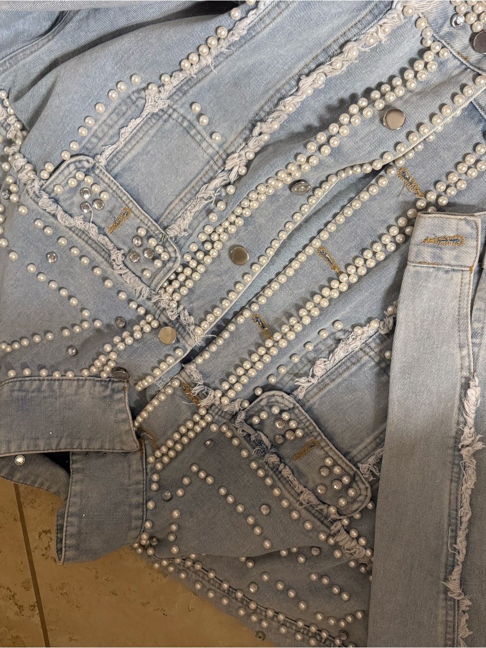 Light Blue Pearl-Embellished Women’s Jean Jacket